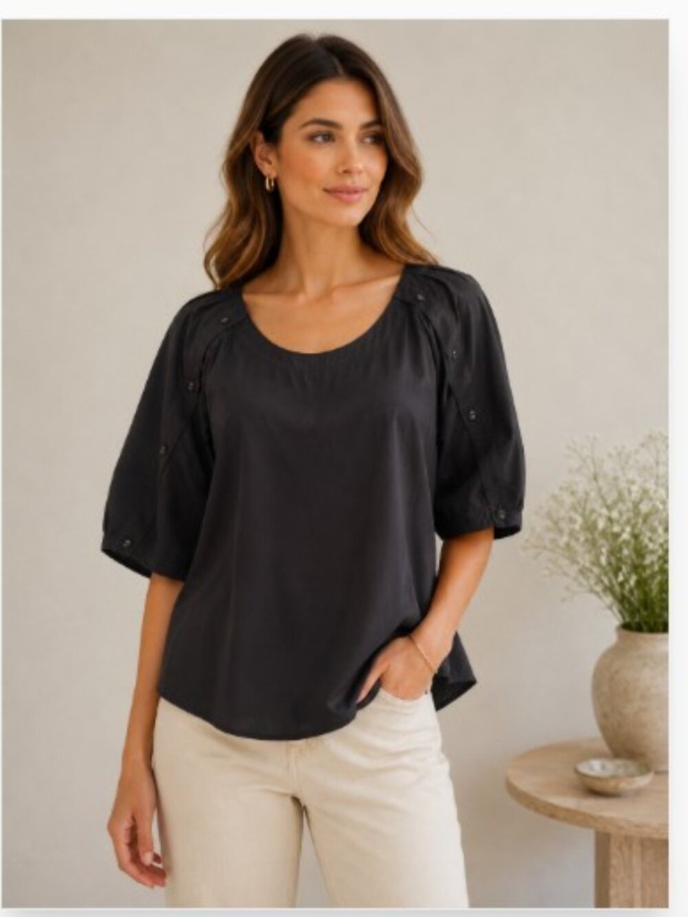 LOFT Puff Sleeve Charcoal Blouse, Size Large *NWT